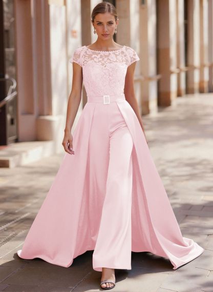 Jumpsuit/Pantsuit Scoop Neck Short Sleeves Detachable Lace/Satin Mother Of The Bride Dresses
