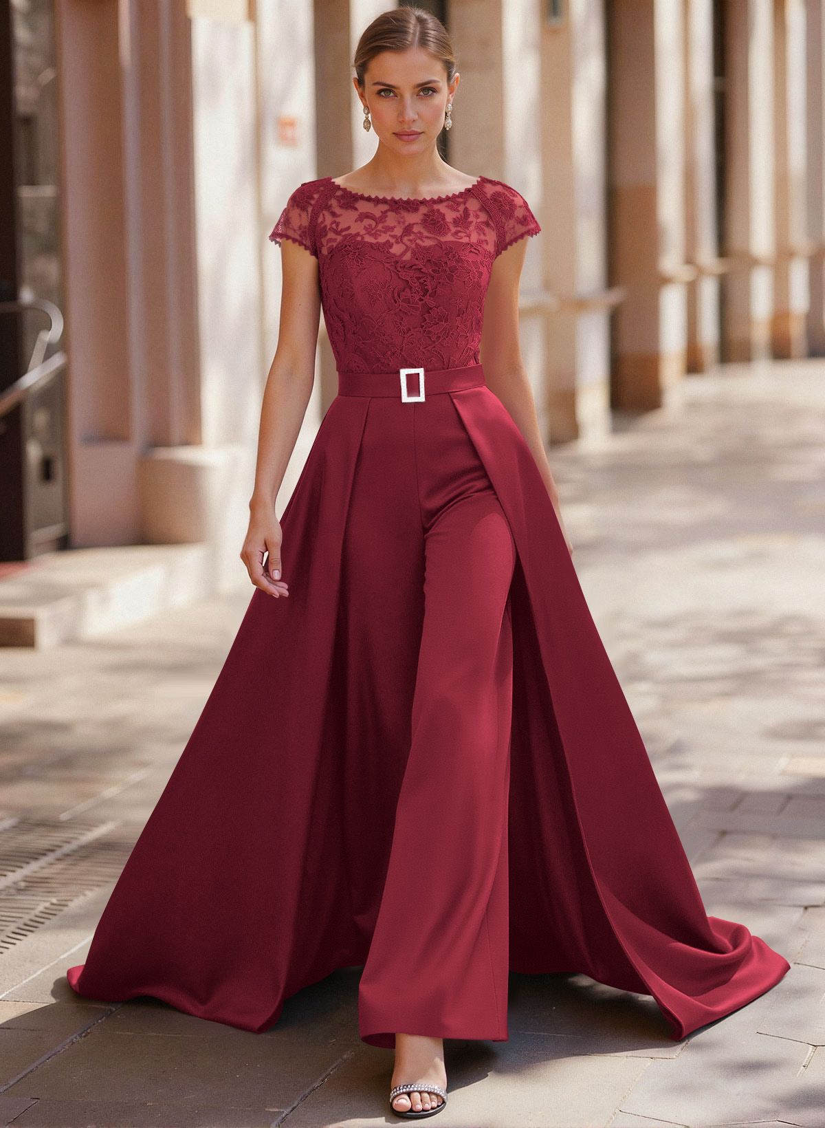 Jumpsuit/Pantsuit Scoop Neck Short Sleeves Detachable Lace/Satin Mother Of The Bride Dresses