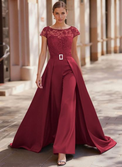 Jumpsuit/Pantsuit Scoop Neck Short Sleeves Detachable Lace/Satin Mother Of The Bride Dresses