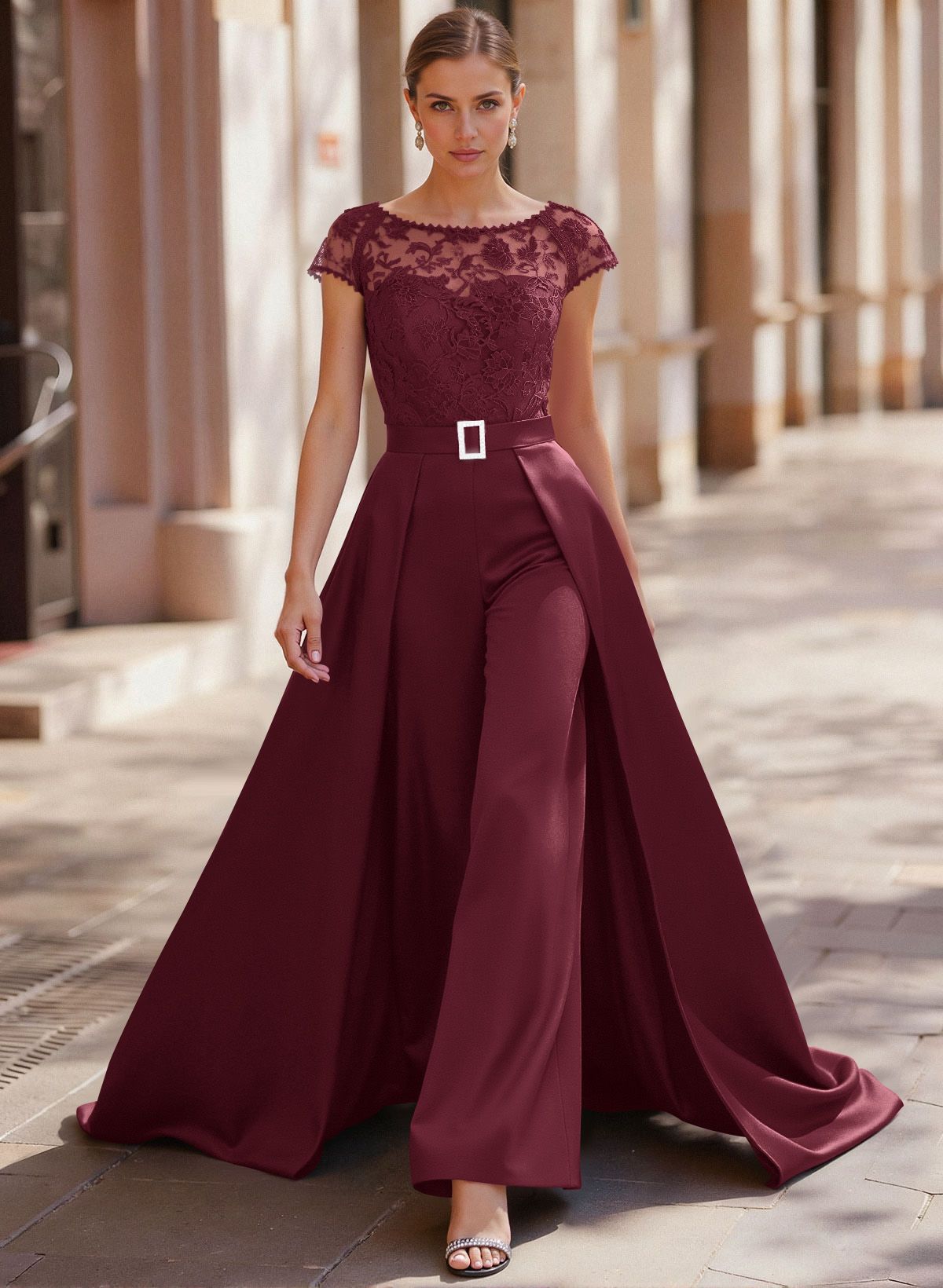 Jumpsuit/Pantsuit Scoop Neck Short Sleeves Detachable Lace/Satin Mother Of The Bride Dresses