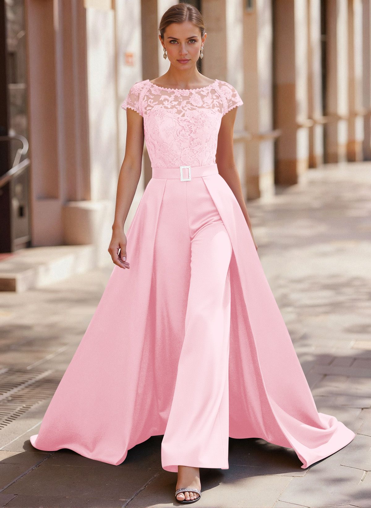 Jumpsuit/Pantsuit Scoop Neck Short Sleeves Detachable Lace/Satin Mother Of The Bride Dresses