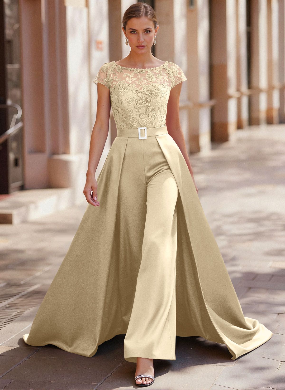 Jumpsuit/Pantsuit Scoop Neck Short Sleeves Detachable Lace/Satin Mother Of The Bride Dresses