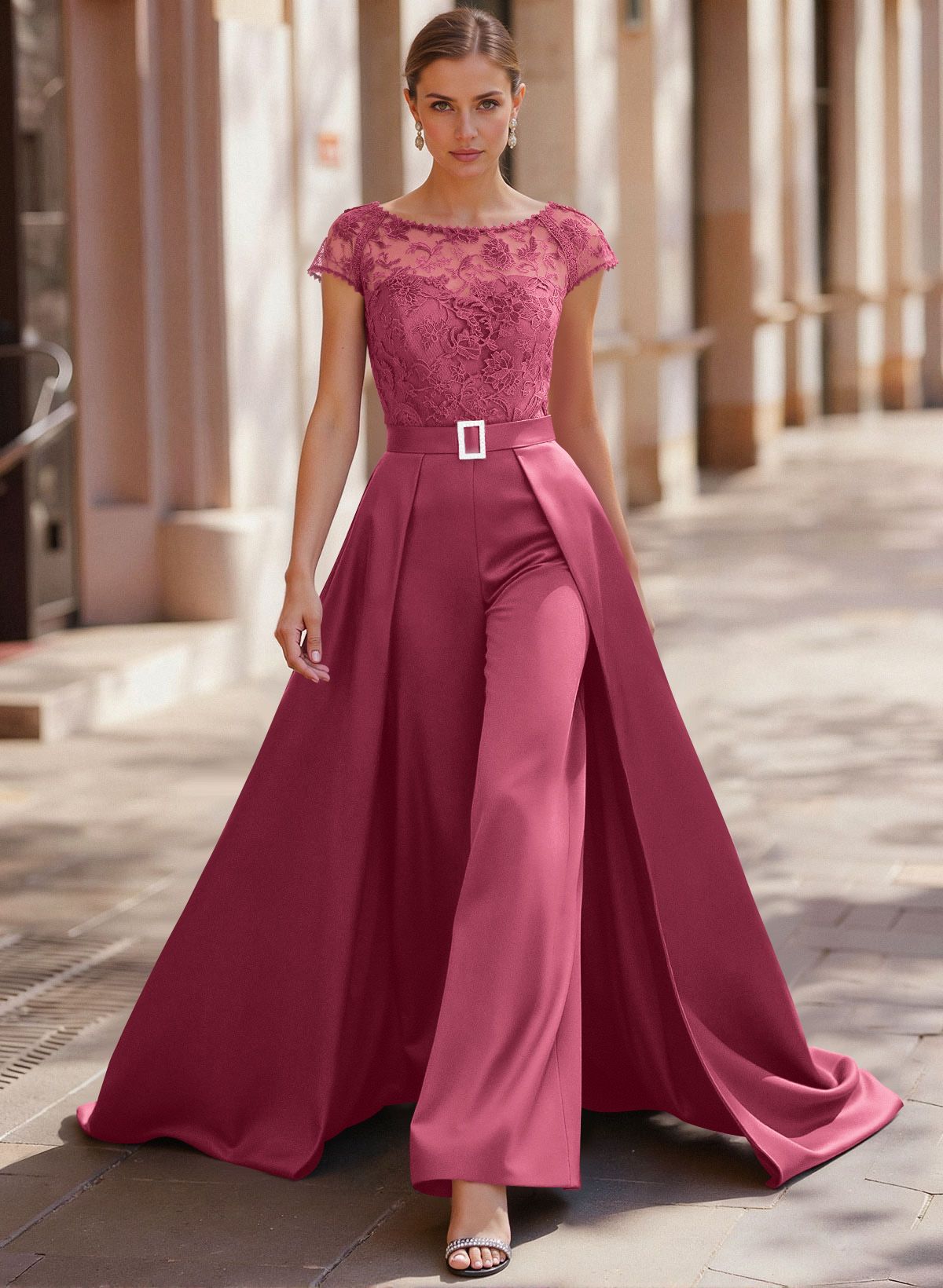 Jumpsuit/Pantsuit Scoop Neck Short Sleeves Detachable Lace/Satin Mother Of The Bride Dresses