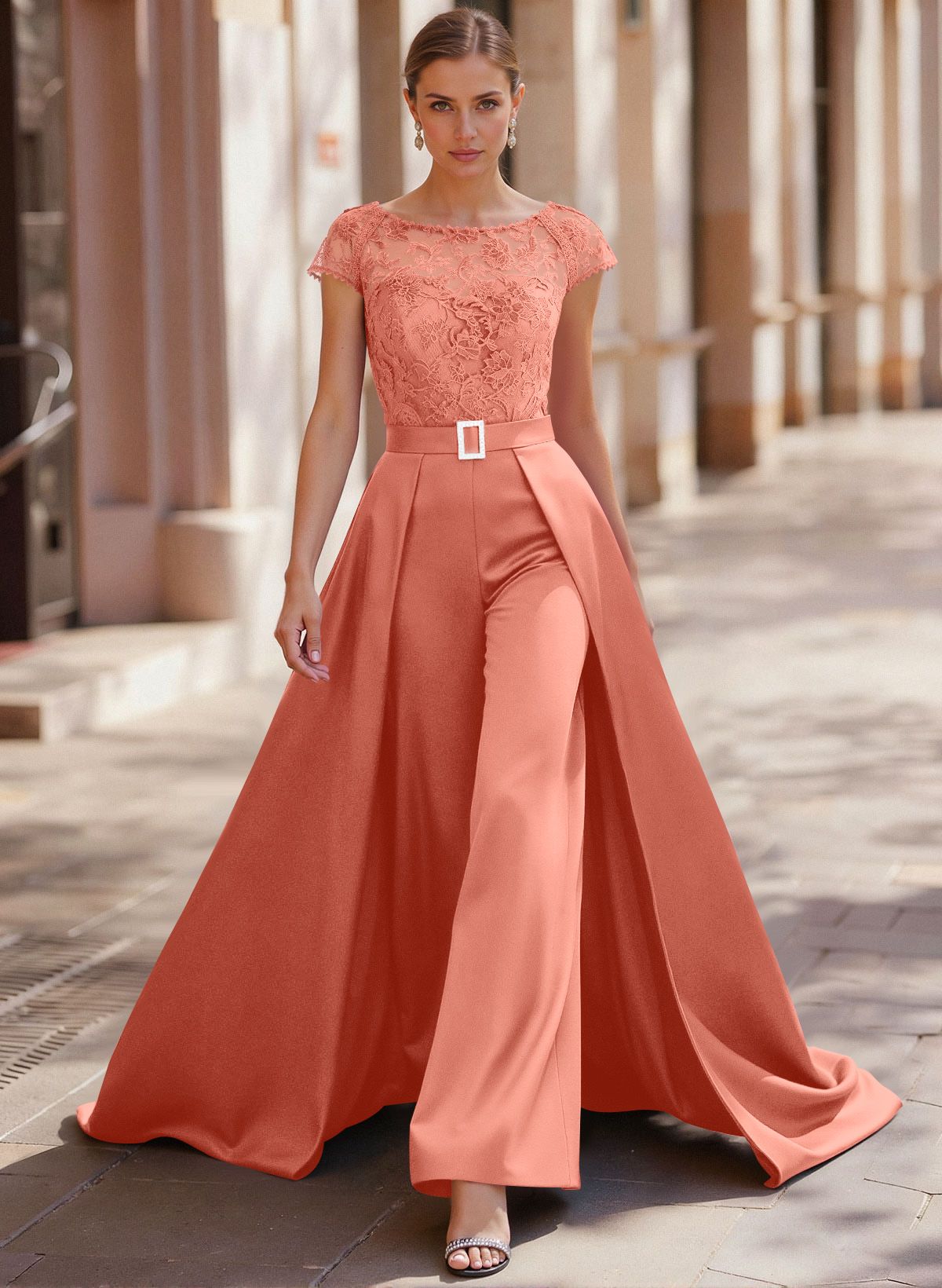 Jumpsuit/Pantsuit Scoop Neck Short Sleeves Detachable Lace/Satin Mother Of The Bride Dresses