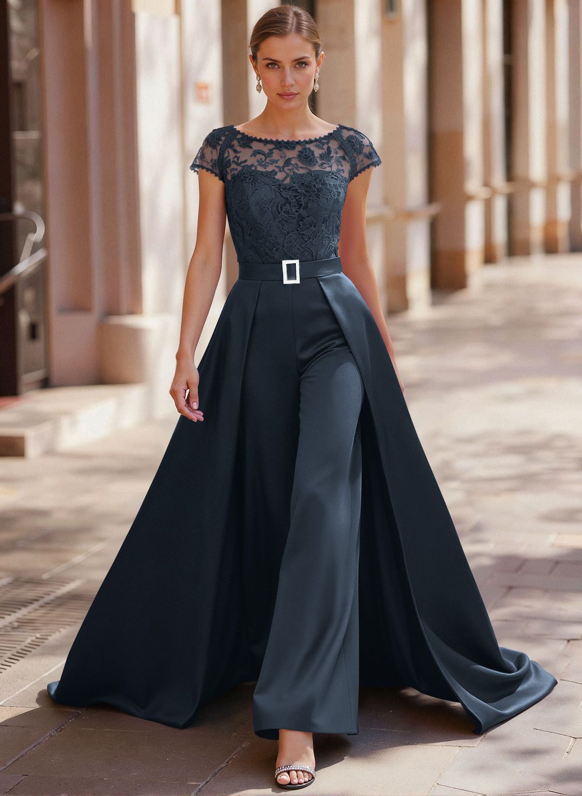Jumpsuit/Pantsuit Scoop Neck Short Sleeves Detachable Lace/Satin Mother Of The Bride Dresses