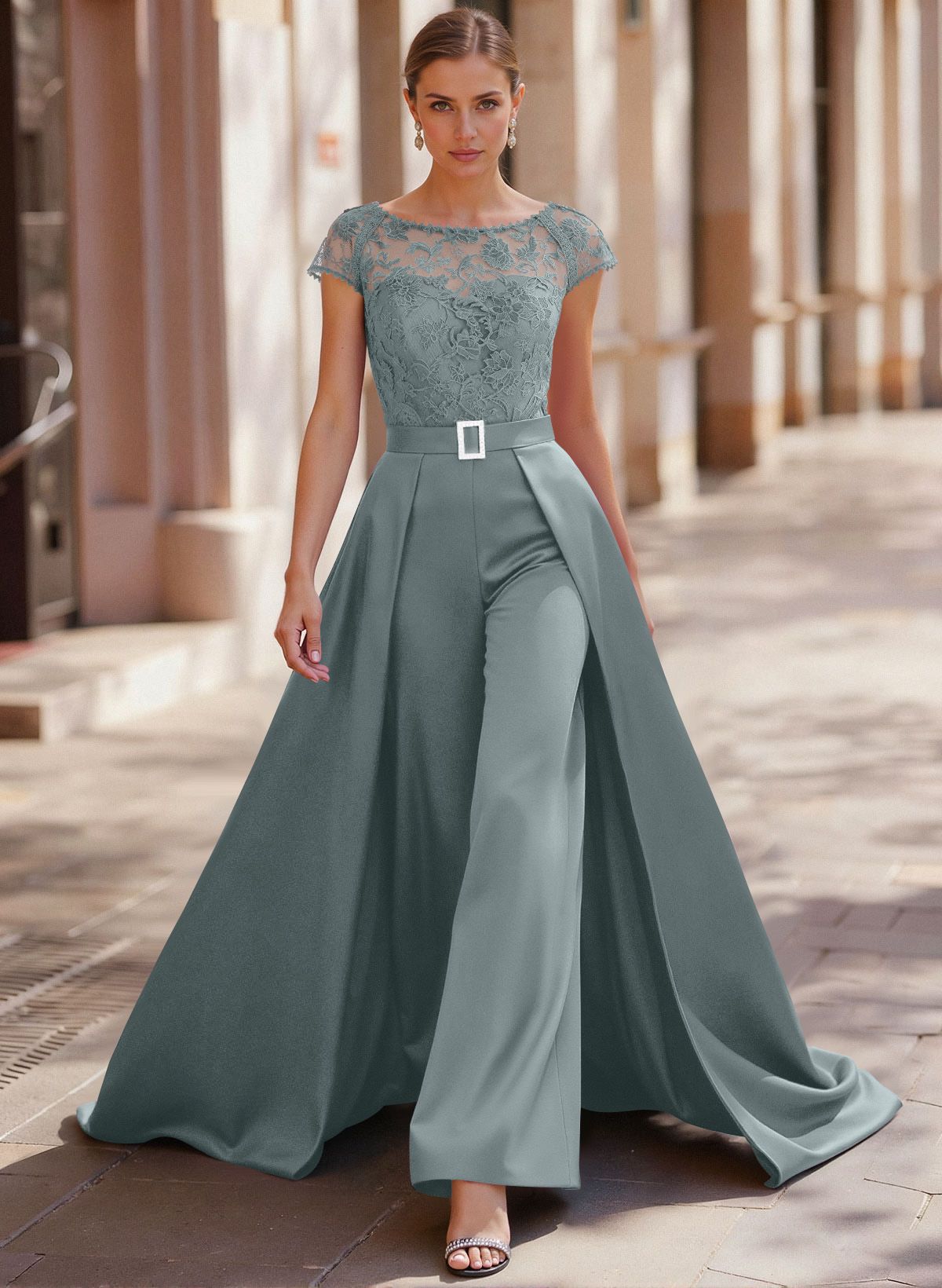 Jumpsuit/Pantsuit Scoop Neck Short Sleeves Detachable Lace/Satin Mother Of The Bride Dresses