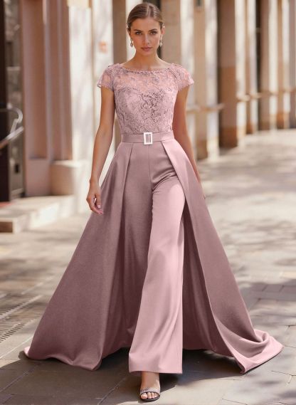 Jumpsuit/Pantsuit Scoop Neck Short Sleeves Detachable Lace/Satin Mother Of The Bride Dresses