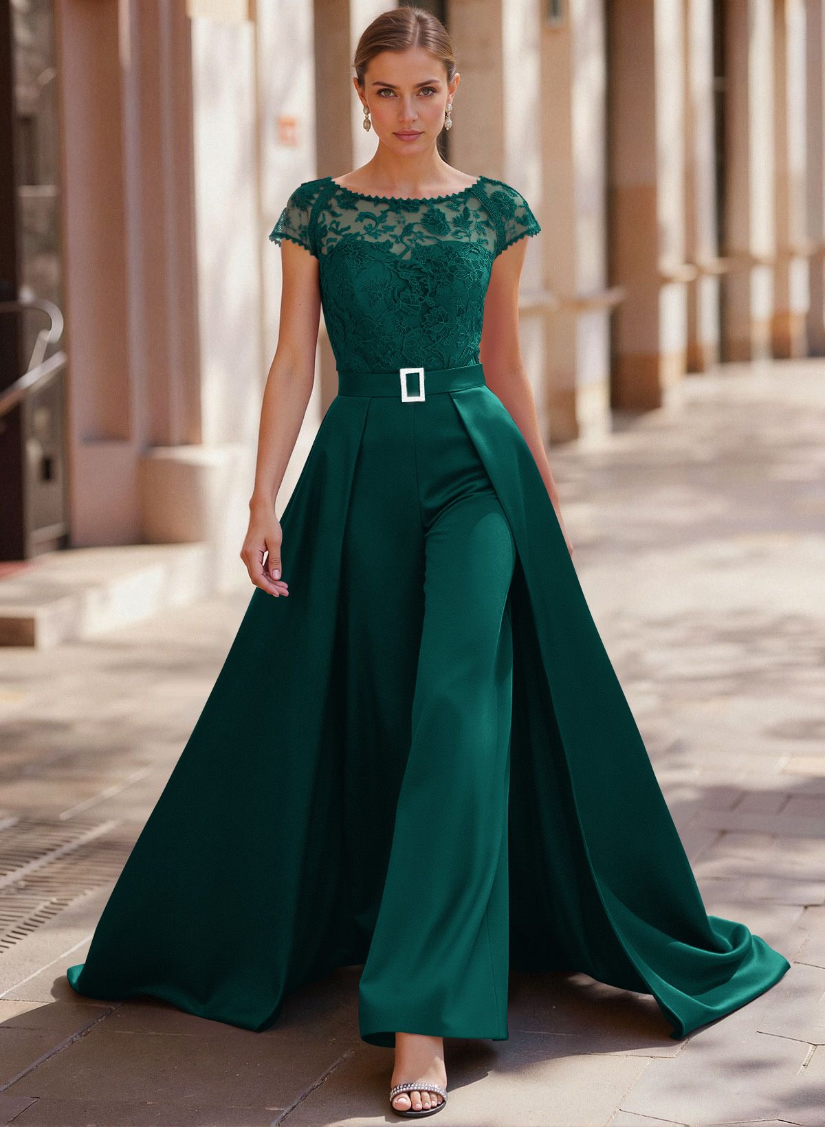 Jumpsuit/Pantsuit Scoop Neck Short Sleeves Detachable Lace/Satin Mother Of The Bride Dresses