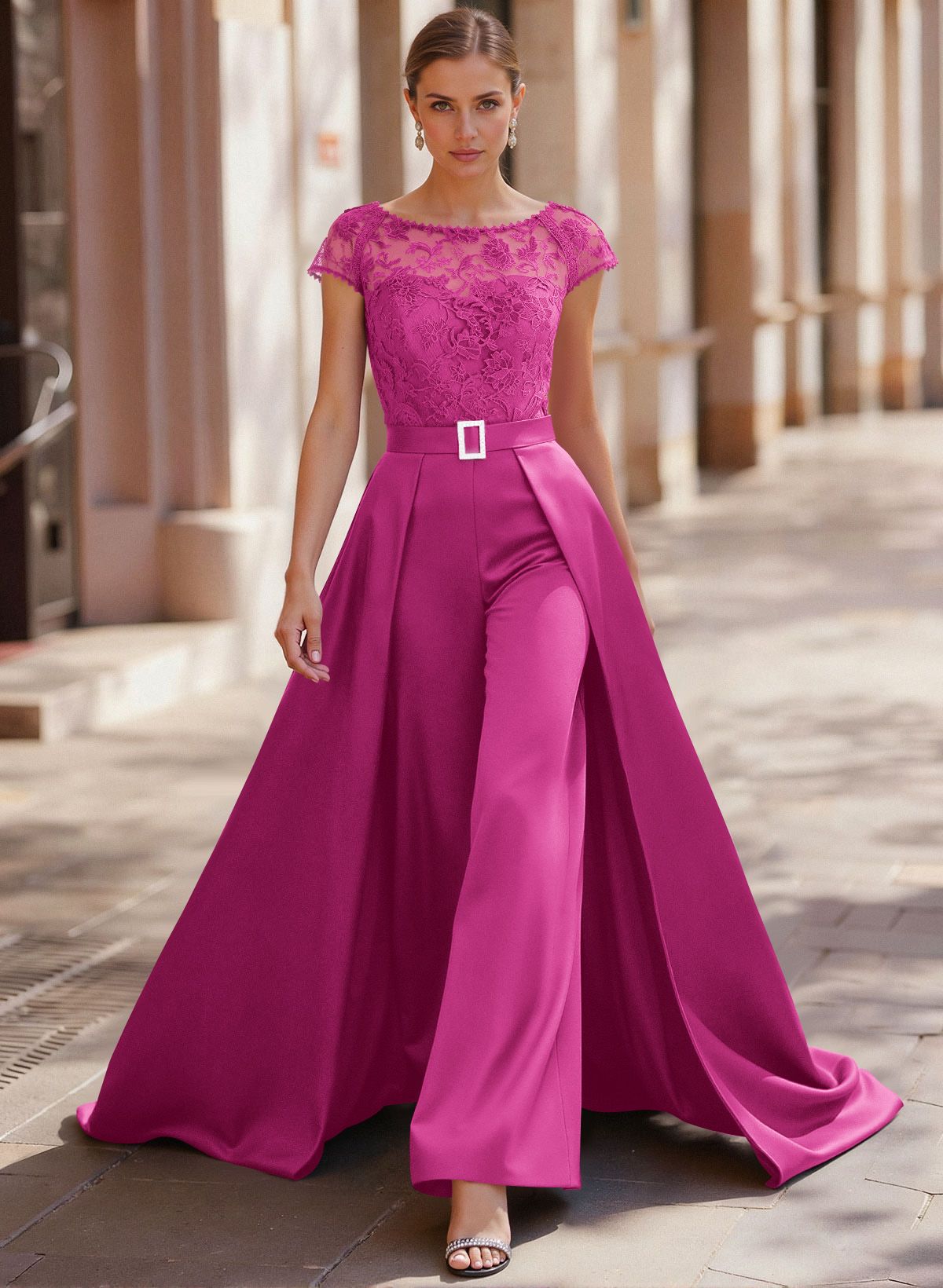 Jumpsuit/Pantsuit Scoop Neck Short Sleeves Detachable Lace/Satin Mother Of The Bride Dresses