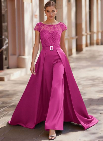 Jumpsuit/Pantsuit Scoop Neck Short Sleeves Detachable Lace/Satin Mother Of The Bride Dresses