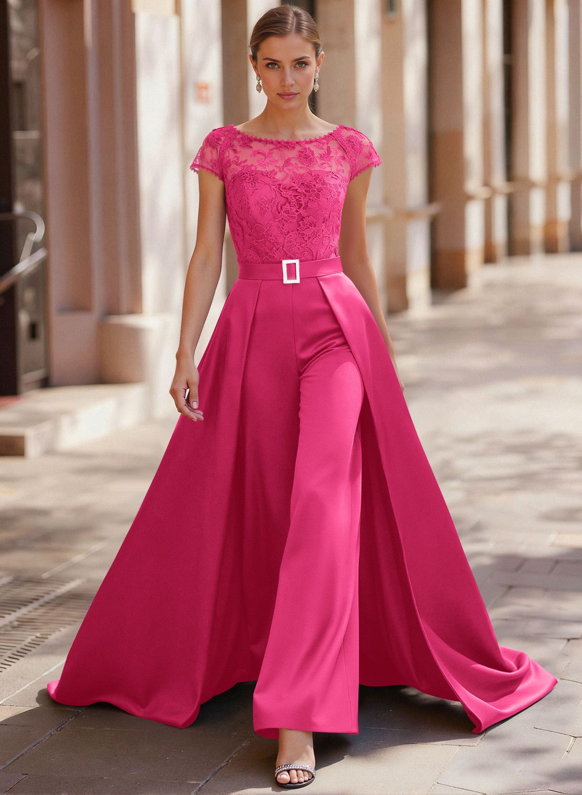 Jumpsuit/Pantsuit Scoop Neck Short Sleeves Detachable Lace/Satin Mother Of The Bride Dresses