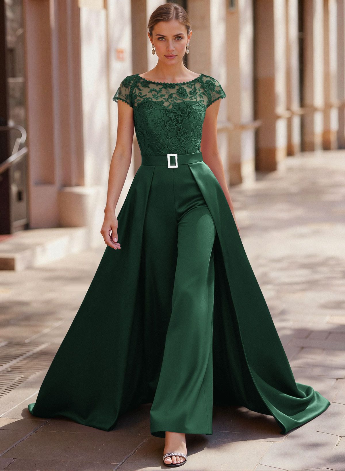 Jumpsuit/Pantsuit Scoop Neck Short Sleeves Detachable Lace/Satin Mother Of The Bride Dresses