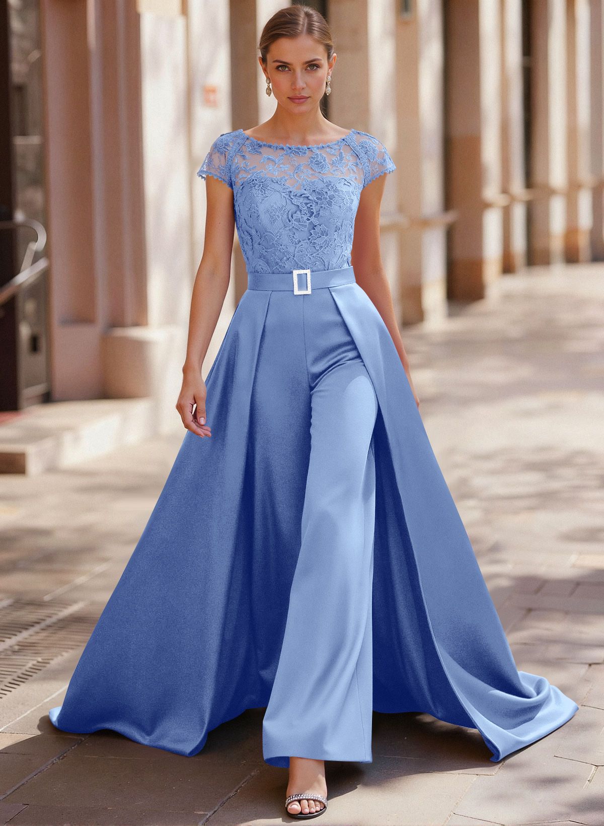 Jumpsuit/Pantsuit Scoop Neck Short Sleeves Detachable Lace/Satin Mother Of The Bride Dresses