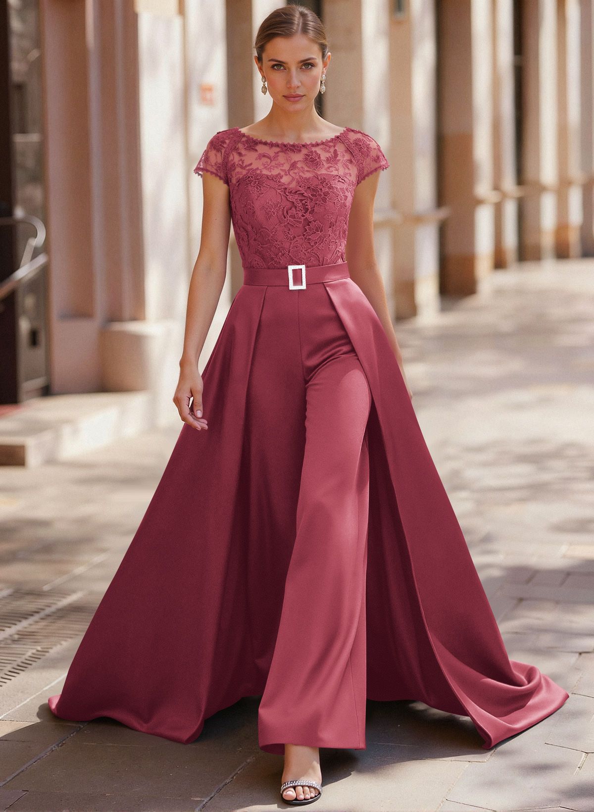 Jumpsuit/Pantsuit Scoop Neck Short Sleeves Detachable Lace/Satin Mother Of The Bride Dresses