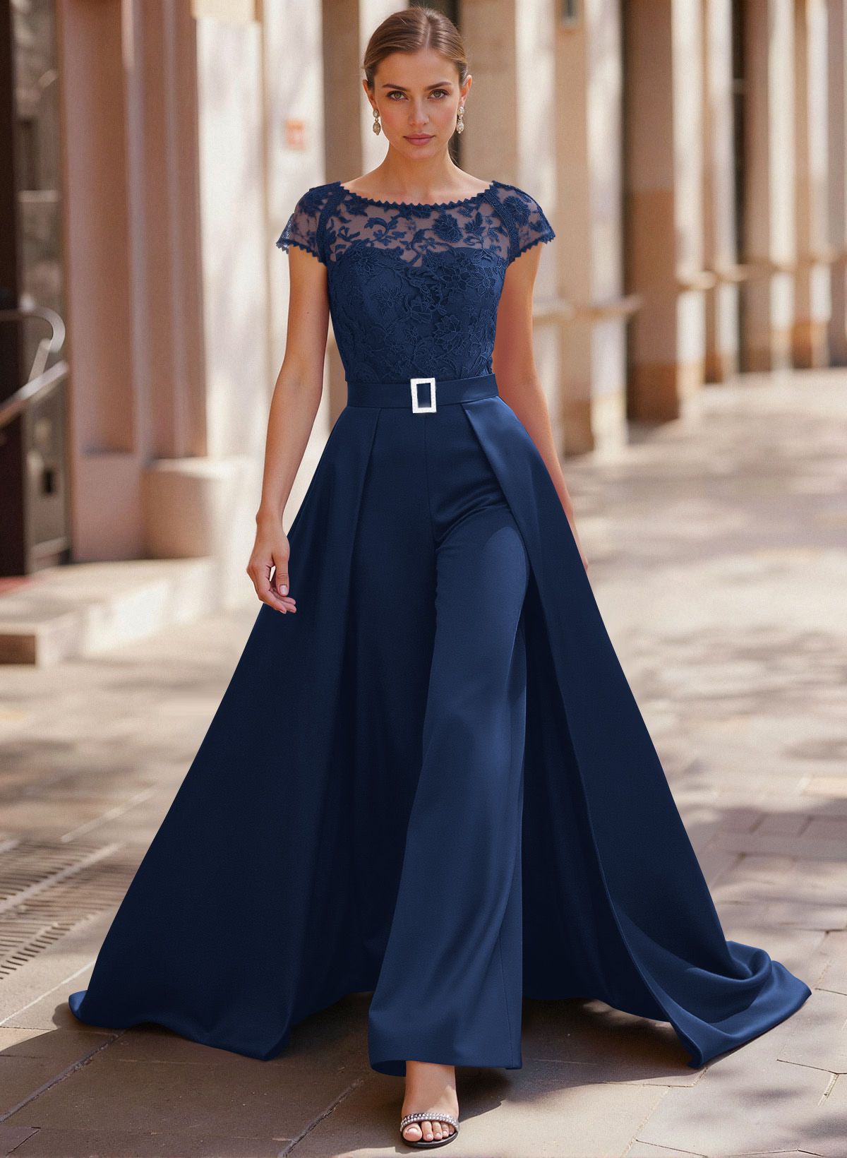 Jumpsuit/Pantsuit Scoop Neck Short Sleeves Detachable Lace/Satin Mother Of The Bride Dresses