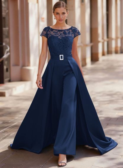 Jumpsuit/Pantsuit Scoop Neck Short Sleeves Detachable Lace/Satin Mother Of The Bride Dresses