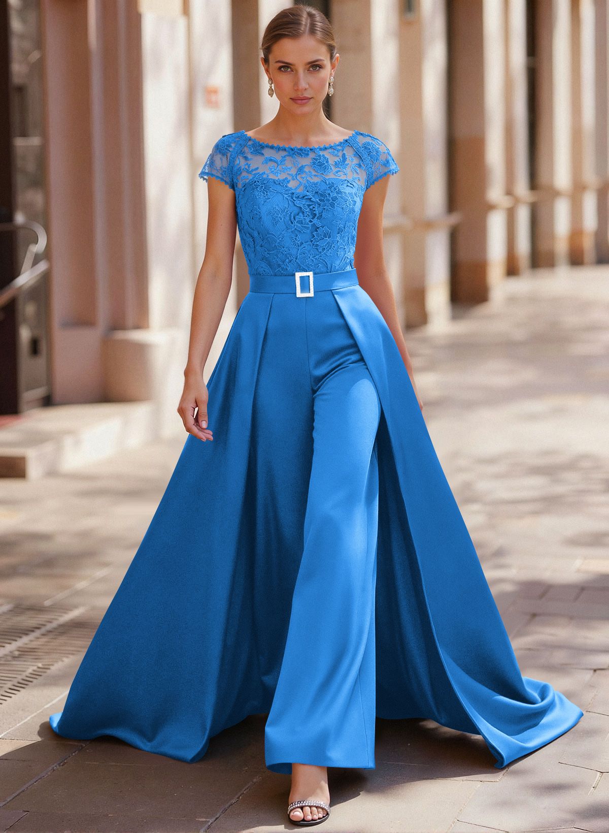 Jumpsuit/Pantsuit Scoop Neck Short Sleeves Detachable Lace/Satin Mother Of The Bride Dresses