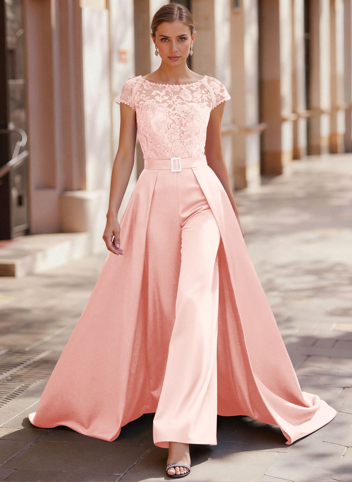 Jumpsuit/Pantsuit Scoop Neck Short Sleeves Detachable Lace/Satin Mother Of The Bride Dresses