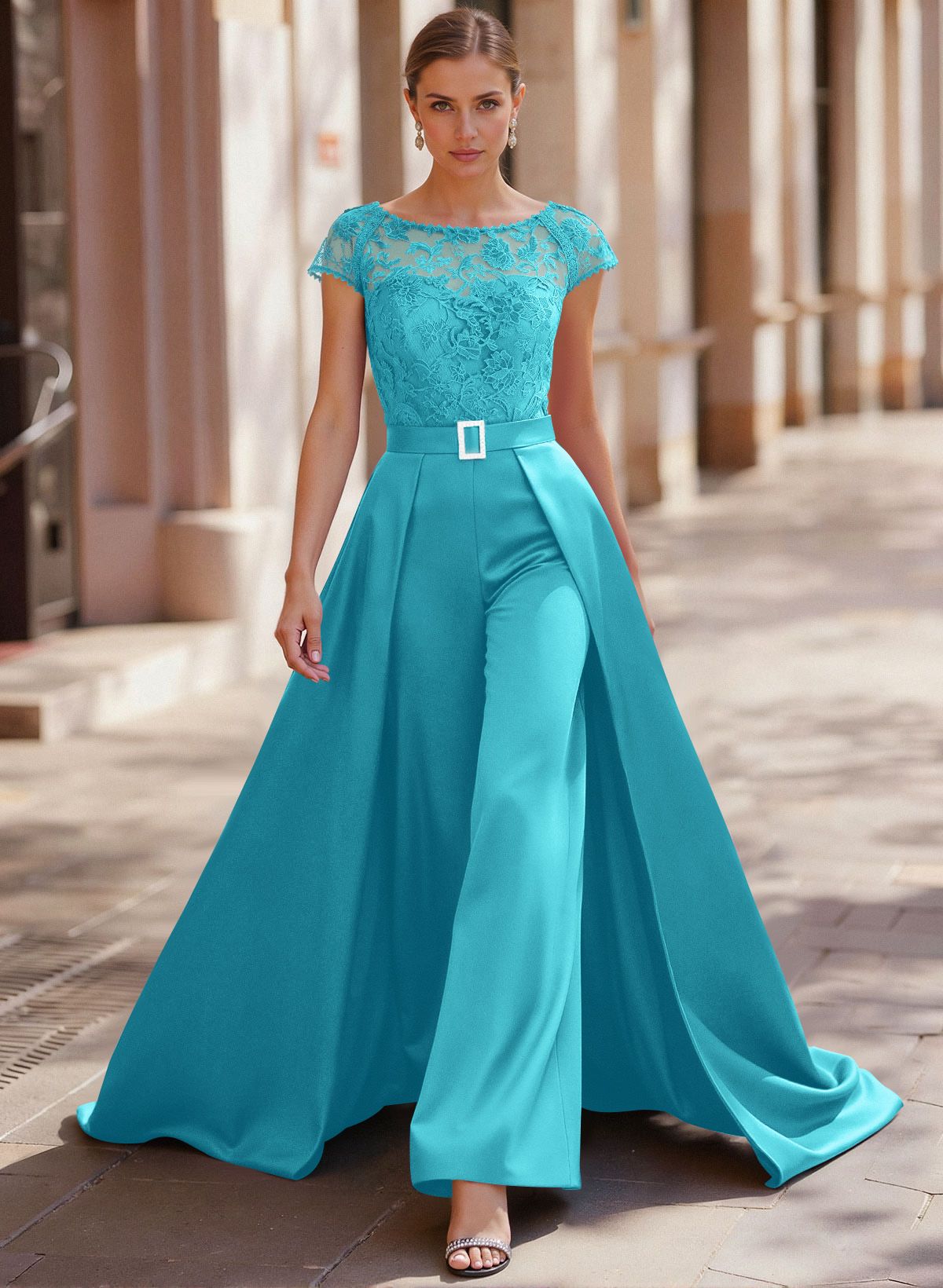 Jumpsuit/Pantsuit Scoop Neck Short Sleeves Detachable Lace/Satin Mother Of The Bride Dresses