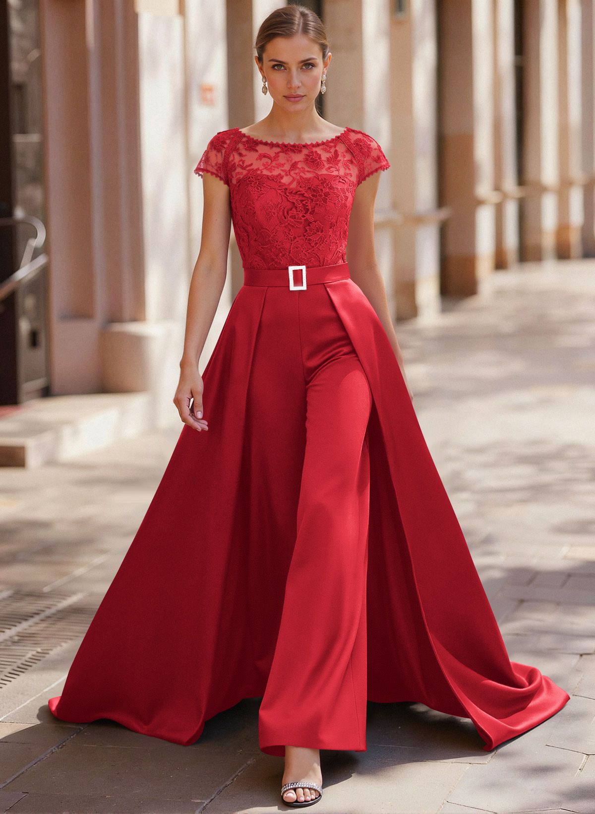 Jumpsuit/Pantsuit Scoop Neck Short Sleeves Detachable Lace/Satin Mother Of The Bride Dresses