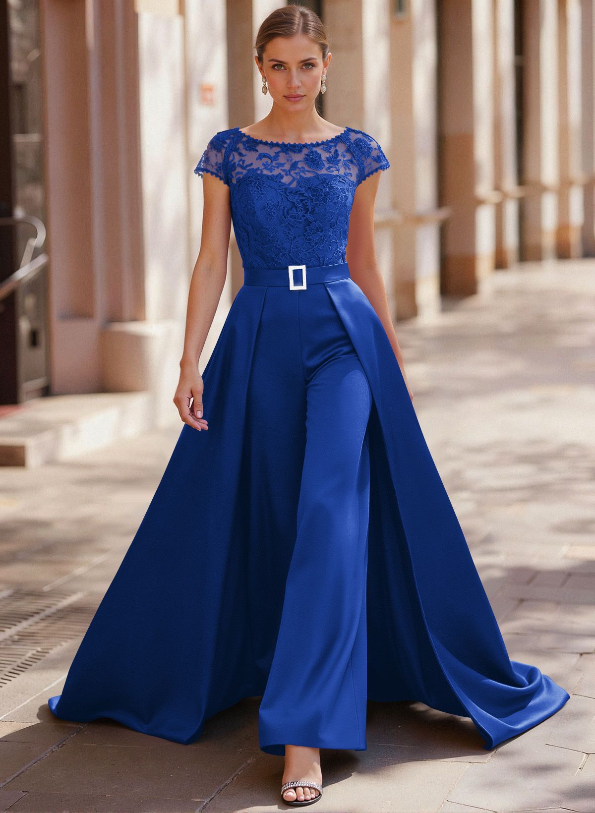 Jumpsuit/Pantsuit Scoop Neck Short Sleeves Detachable Lace/Satin Mother Of The Bride Dresses