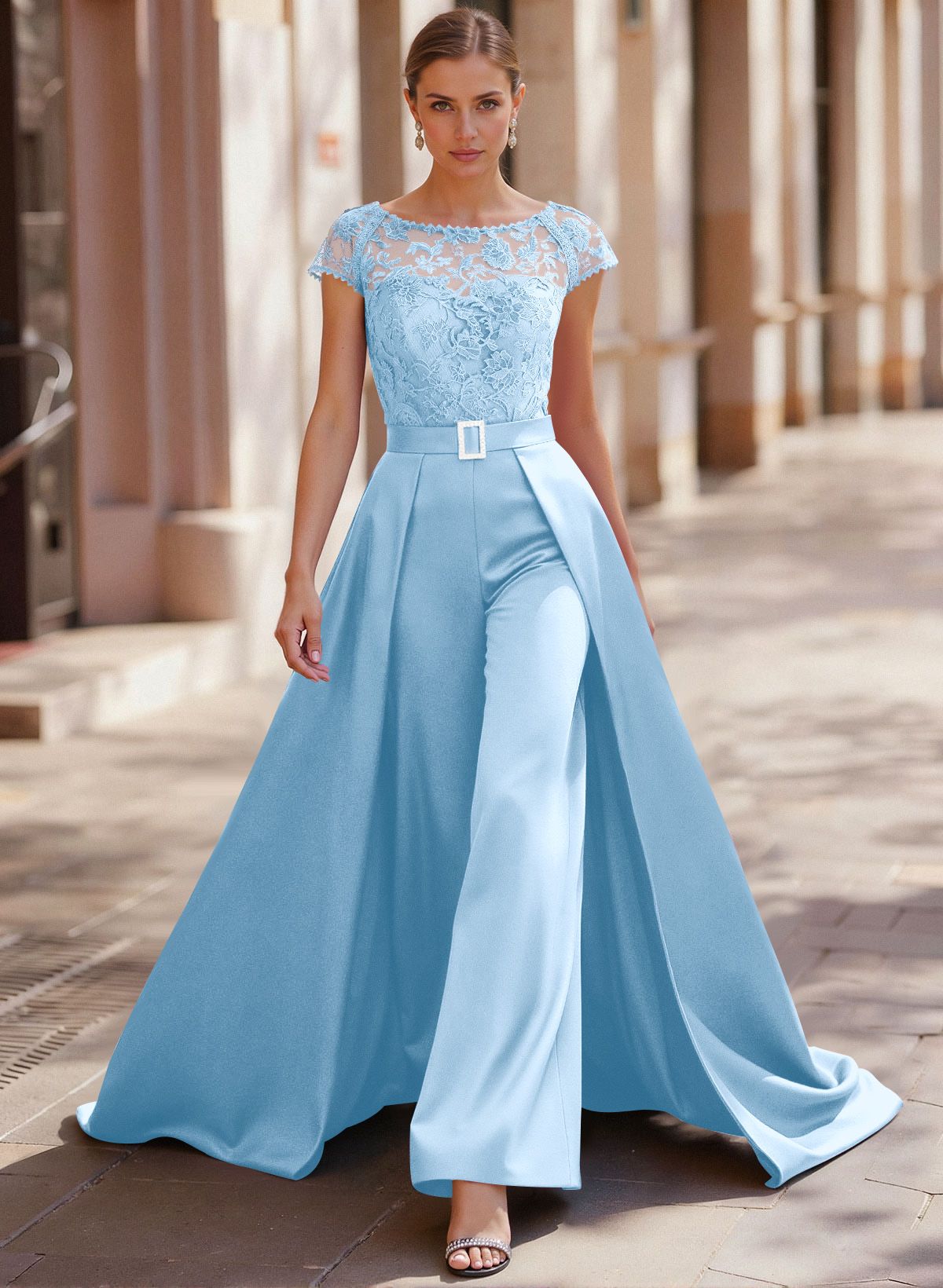 Jumpsuit/Pantsuit Scoop Neck Short Sleeves Detachable Lace/Satin Mother Of The Bride Dresses