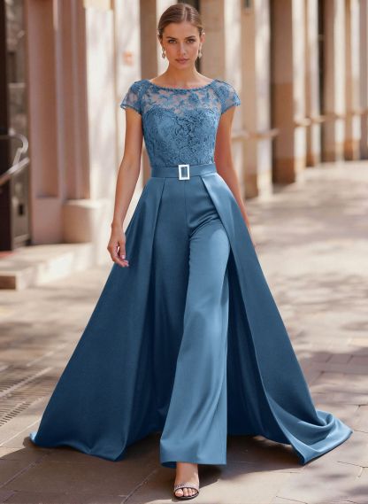 Jumpsuit/Pantsuit Scoop Neck Short Sleeves Detachable Lace/Satin Mother Of The Bride Dresses