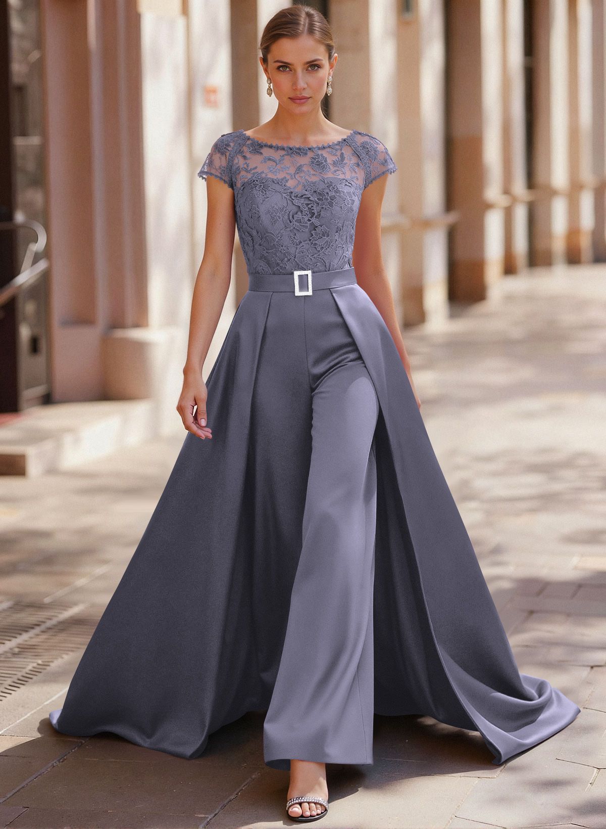 Jumpsuit/Pantsuit Scoop Neck Short Sleeves Detachable Lace/Satin Mother Of The Bride Dresses