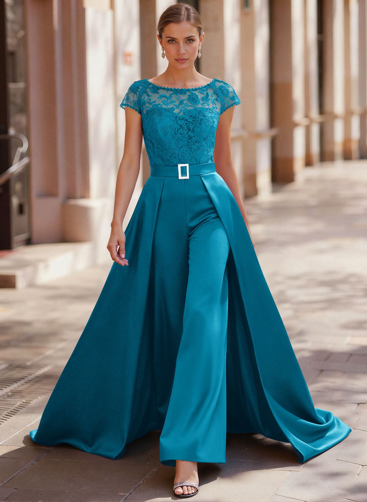 Jumpsuit/Pantsuit Scoop Neck Short Sleeves Detachable Lace/Satin Mother Of The Bride Dresses