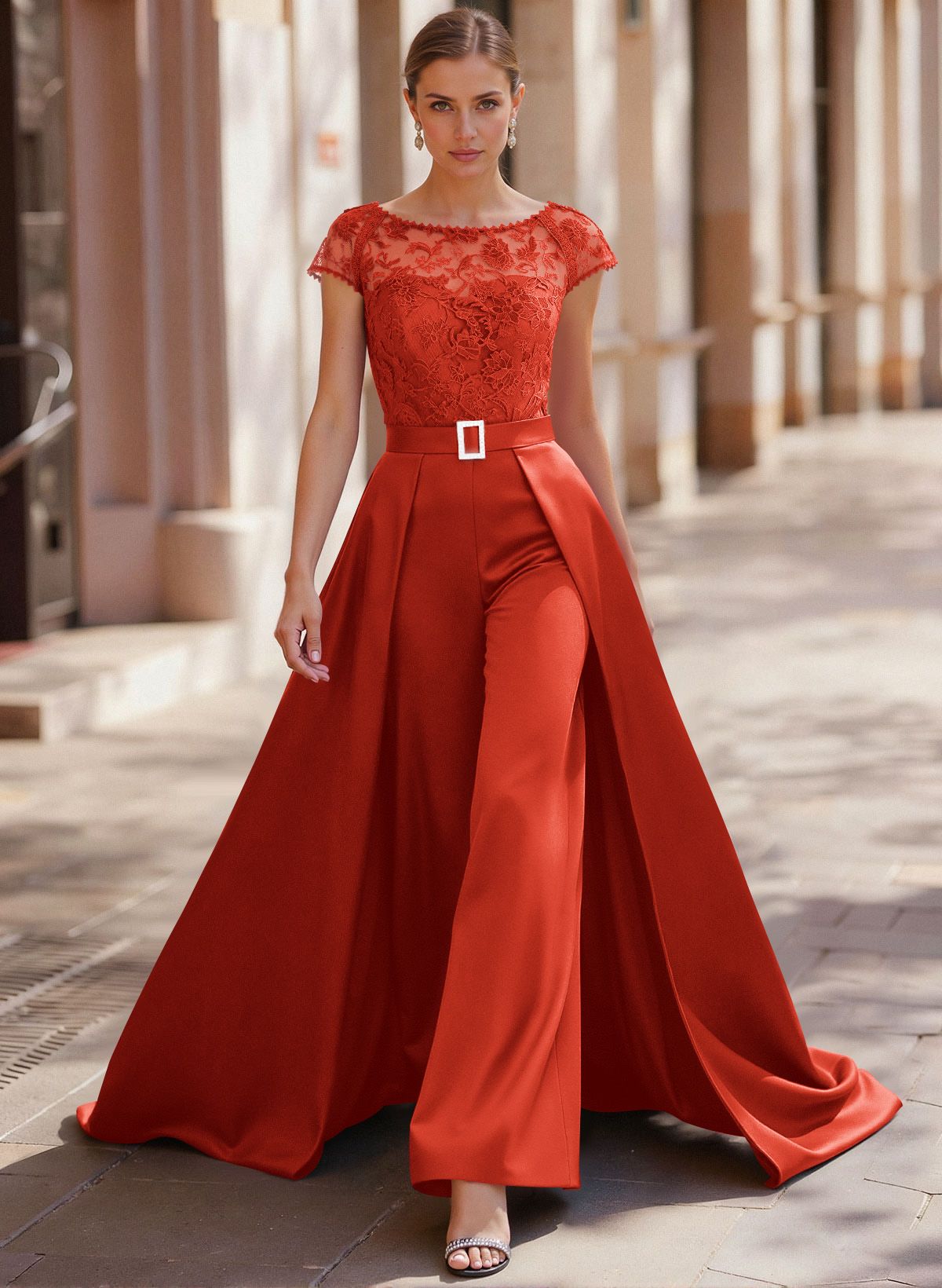 Jumpsuit/Pantsuit Scoop Neck Short Sleeves Detachable Lace/Satin Mother Of The Bride Dresses