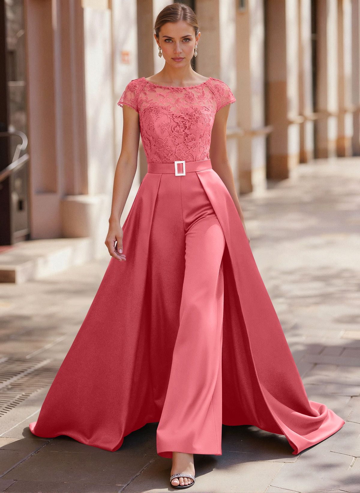 Jumpsuit/Pantsuit Scoop Neck Short Sleeves Detachable Lace/Satin Mother Of The Bride Dresses