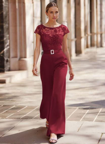 Jumpsuit/Pantsuit Scoop Neck Short Sleeves Detachable Lace/Satin Mother Of The Bride Dresses