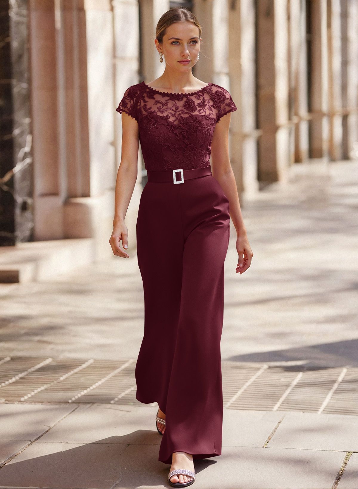 Jumpsuit/Pantsuit Scoop Neck Short Sleeves Detachable Lace/Satin Mother Of The Bride Dresses