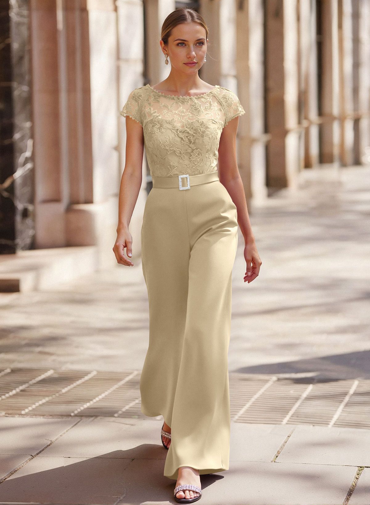 Jumpsuit/Pantsuit Scoop Neck Short Sleeves Detachable Lace/Satin Mother Of The Bride Dresses
