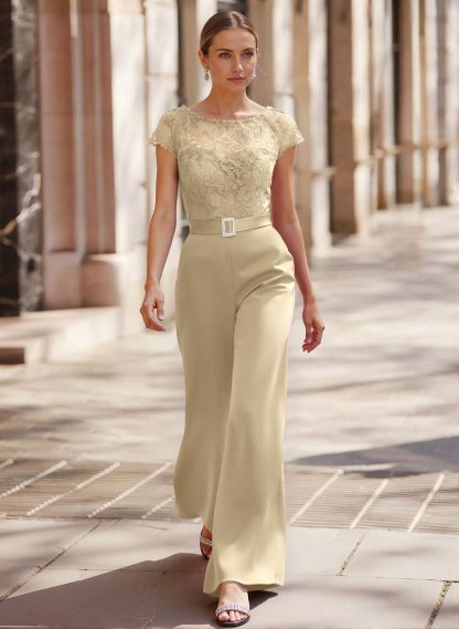 Jumpsuit/Pantsuit Scoop Neck Short Sleeves Detachable Lace/Satin Mother Of The Bride Dresses