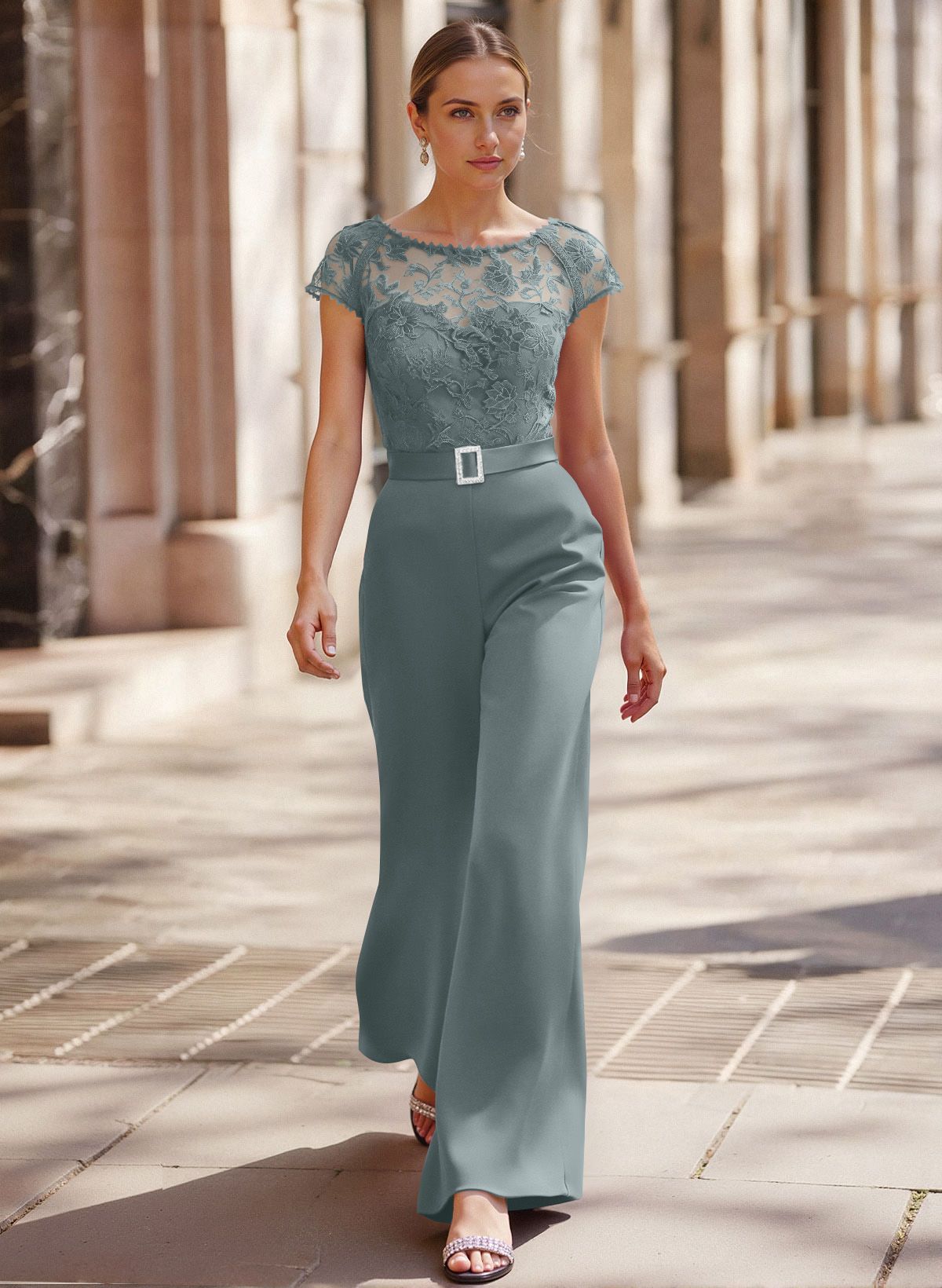 Jumpsuit/Pantsuit Scoop Neck Short Sleeves Detachable Lace/Satin Mother Of The Bride Dresses