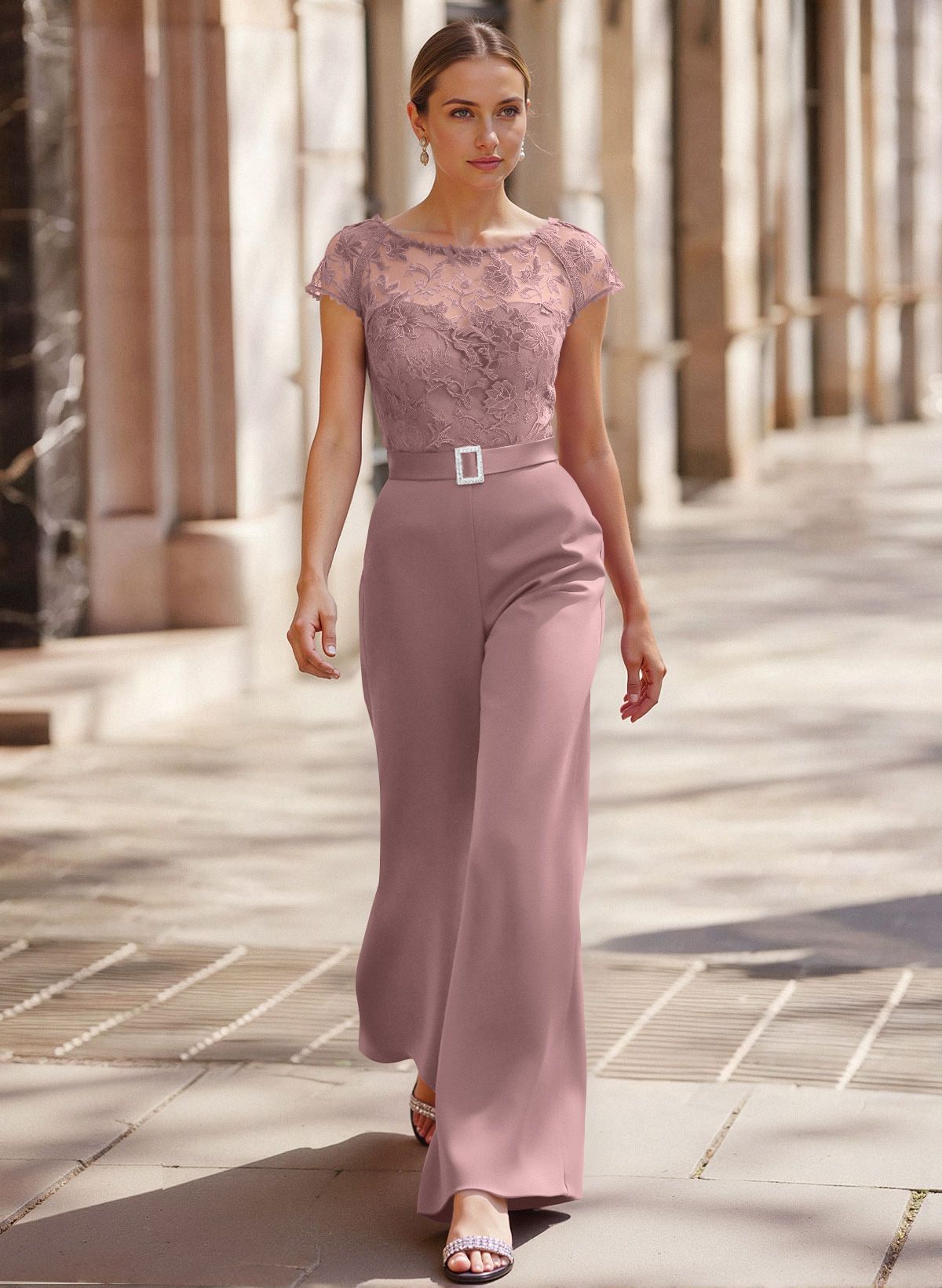 Jumpsuit/Pantsuit Scoop Neck Short Sleeves Detachable Lace/Satin Mother Of The Bride Dresses