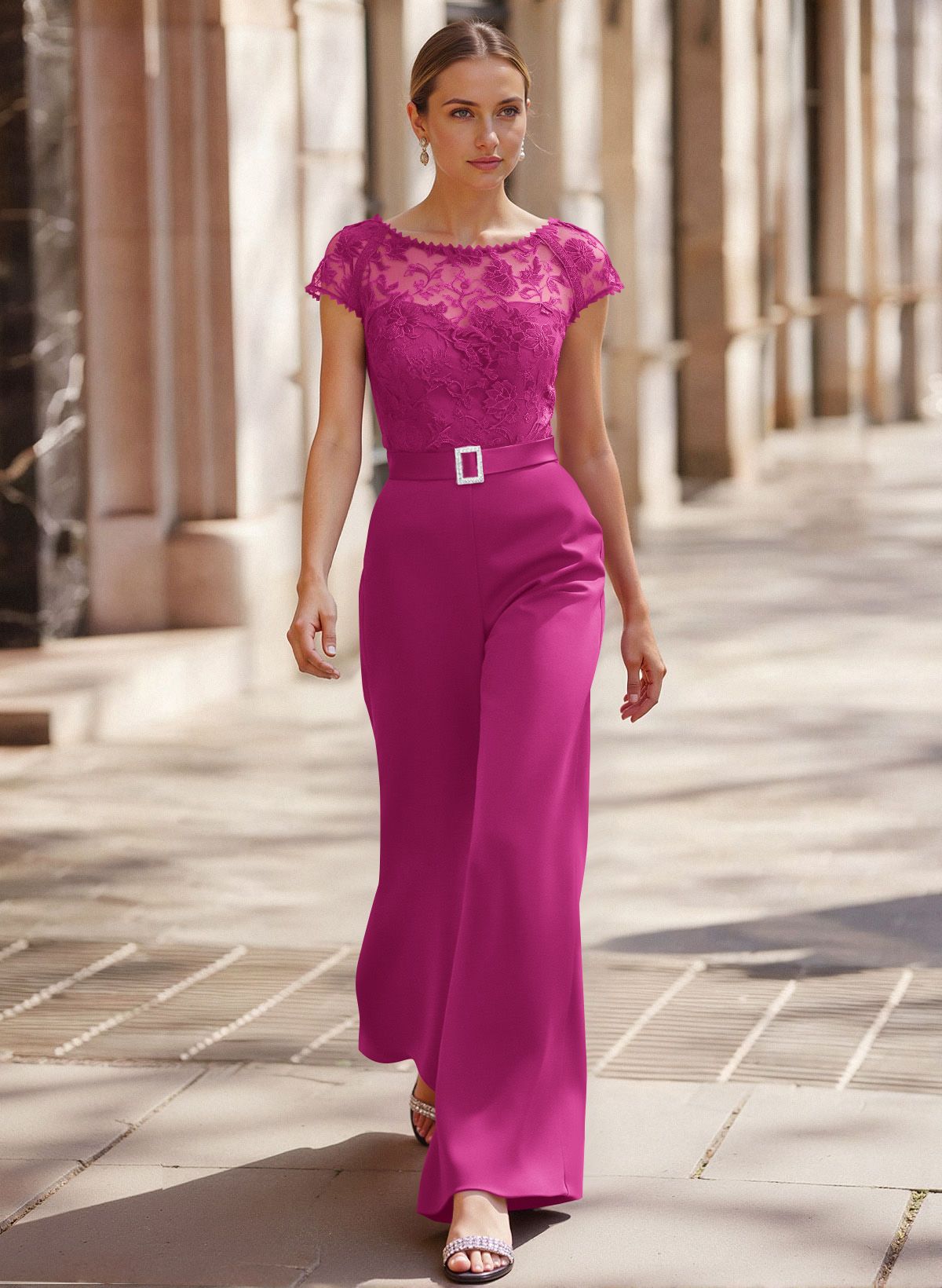 Jumpsuit/Pantsuit Scoop Neck Short Sleeves Detachable Lace/Satin Mother Of The Bride Dresses
