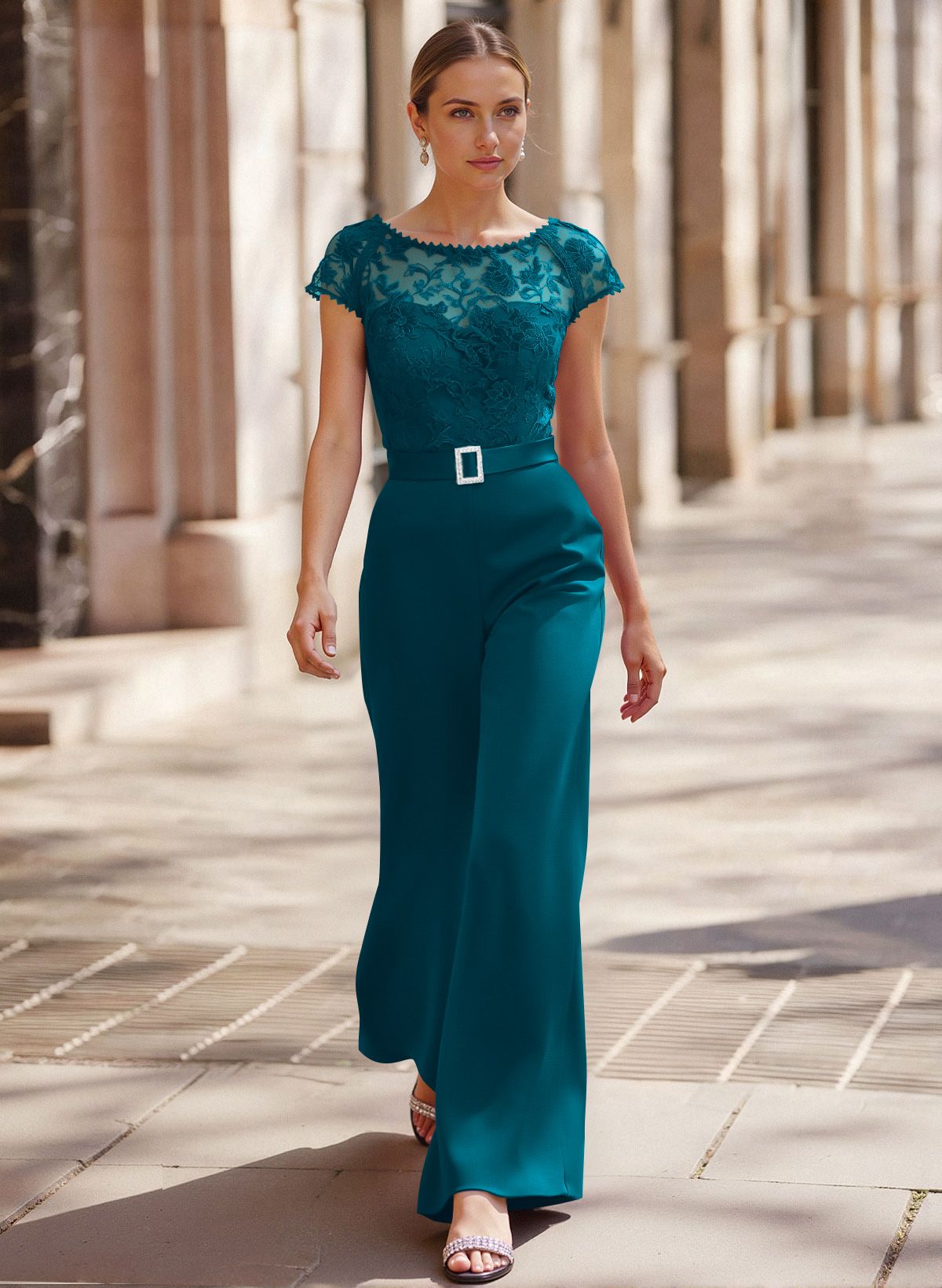 Jumpsuit/Pantsuit Scoop Neck Short Sleeves Detachable Lace/Satin Mother Of The Bride Dresses