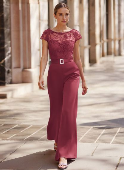 Jumpsuit/Pantsuit Scoop Neck Short Sleeves Detachable Lace/Satin Mother Of The Bride Dresses