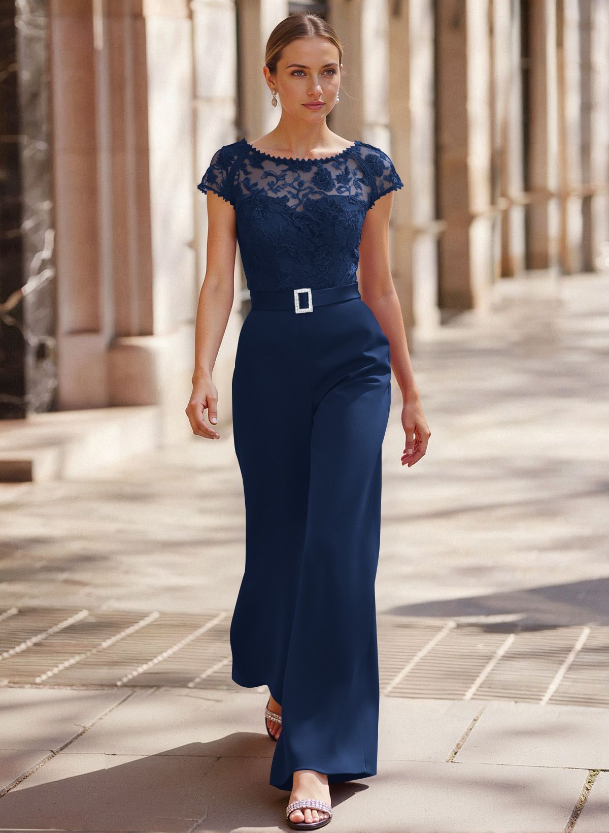 Jumpsuit/Pantsuit Scoop Neck Short Sleeves Detachable Lace/Satin Mother Of The Bride Dresses