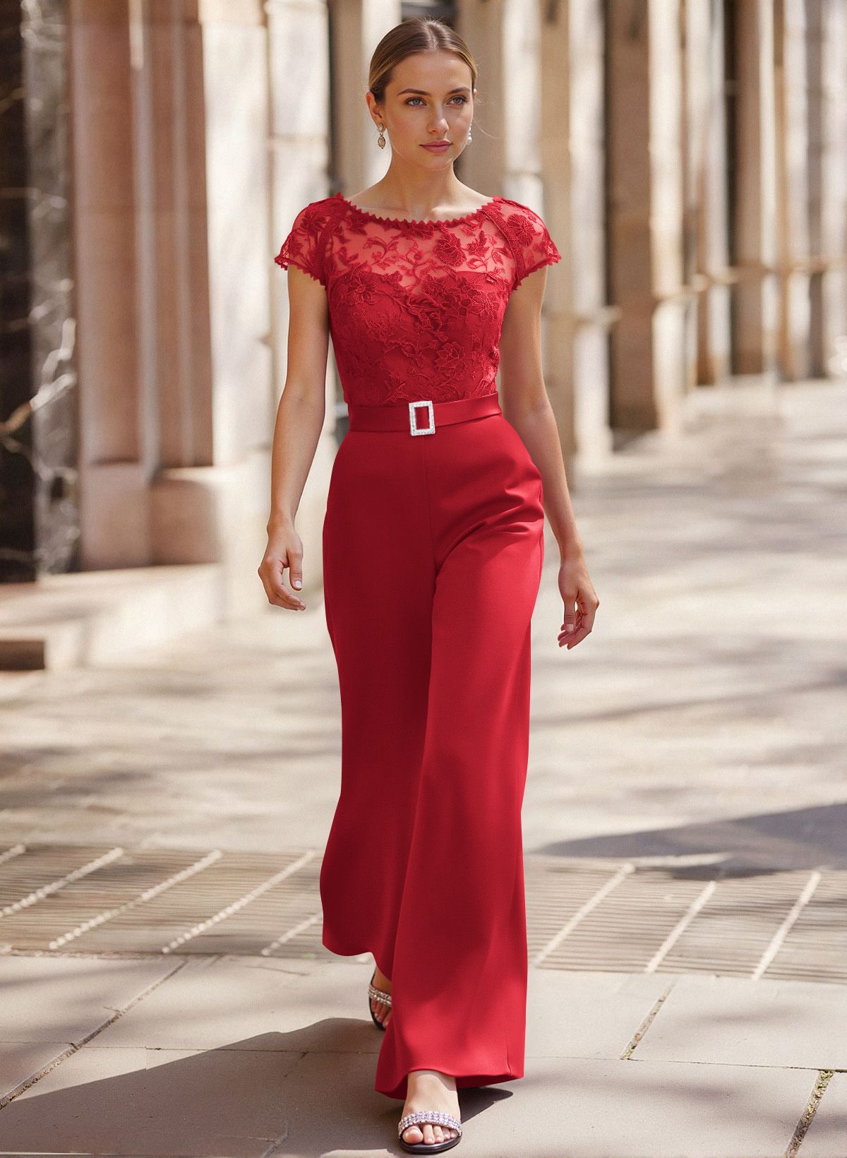 Jumpsuit/Pantsuit Scoop Neck Short Sleeves Detachable Lace/Satin Mother Of The Bride Dresses