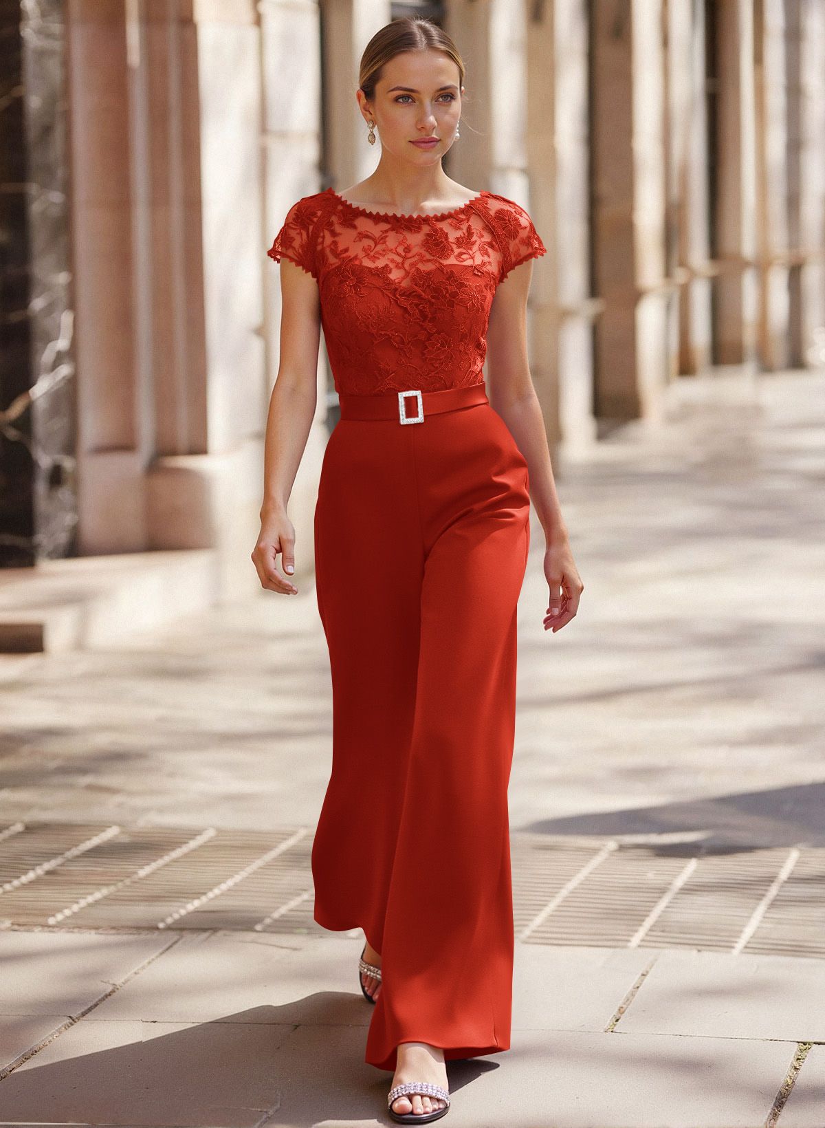 Jumpsuit/Pantsuit Scoop Neck Short Sleeves Detachable Lace/Satin Mother Of The Bride Dresses