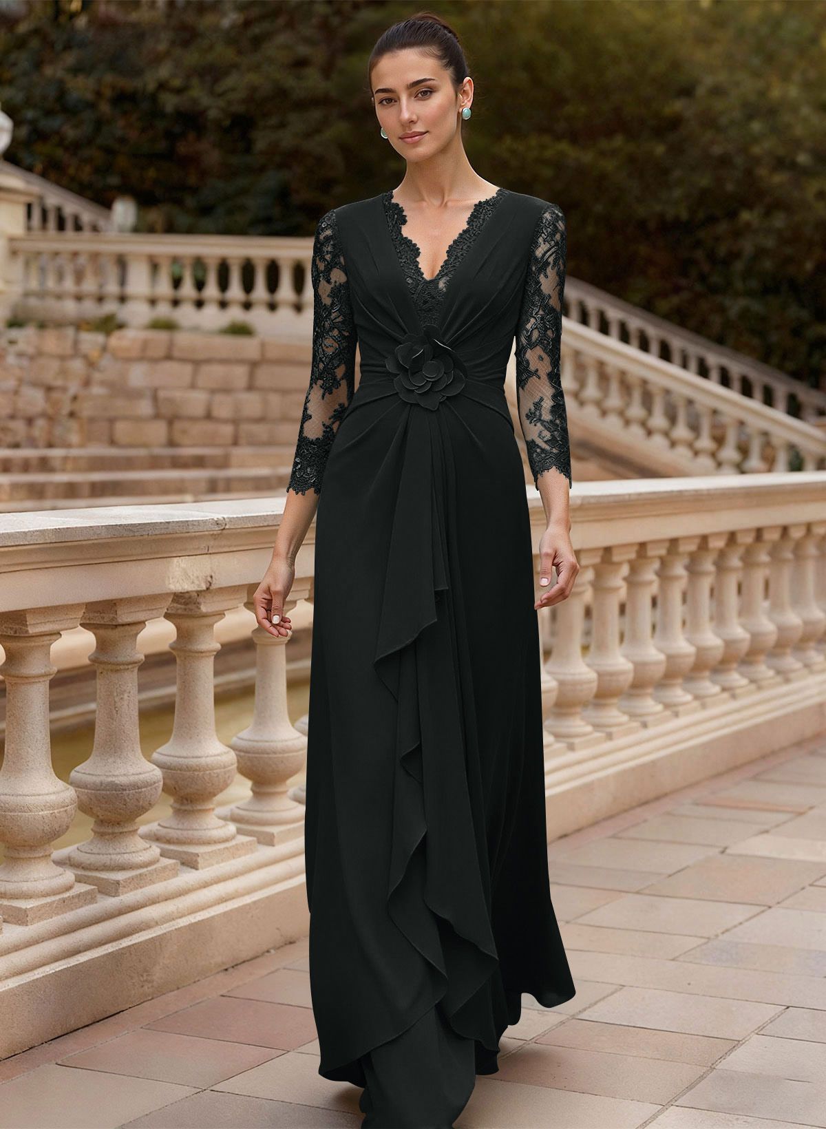 Sheath/Column V-Neck 3/4 Sleeves Floor-Length Lace/Elastic Satin Mother Of The Bride Dresses