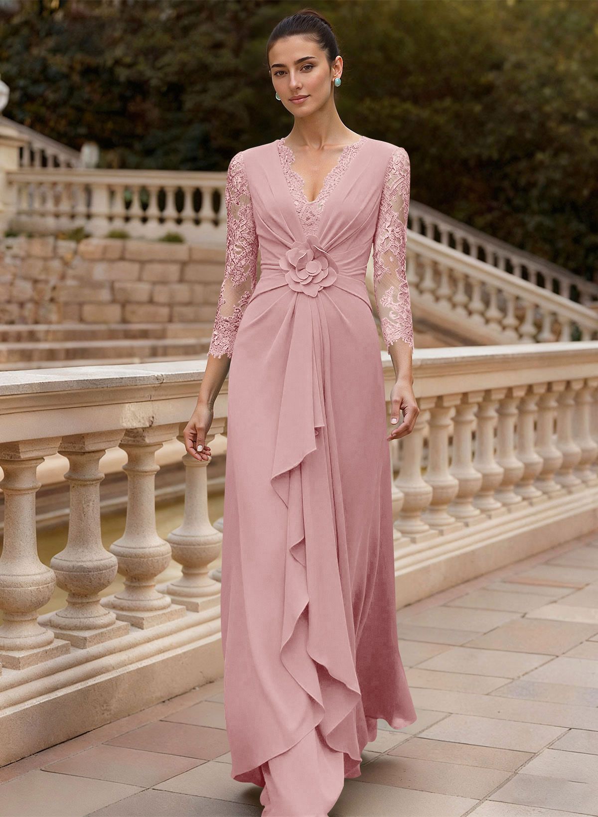 Sheath/Column V-Neck 3/4 Sleeves Floor-Length Lace/Elastic Satin Mother Of The Bride Dresses