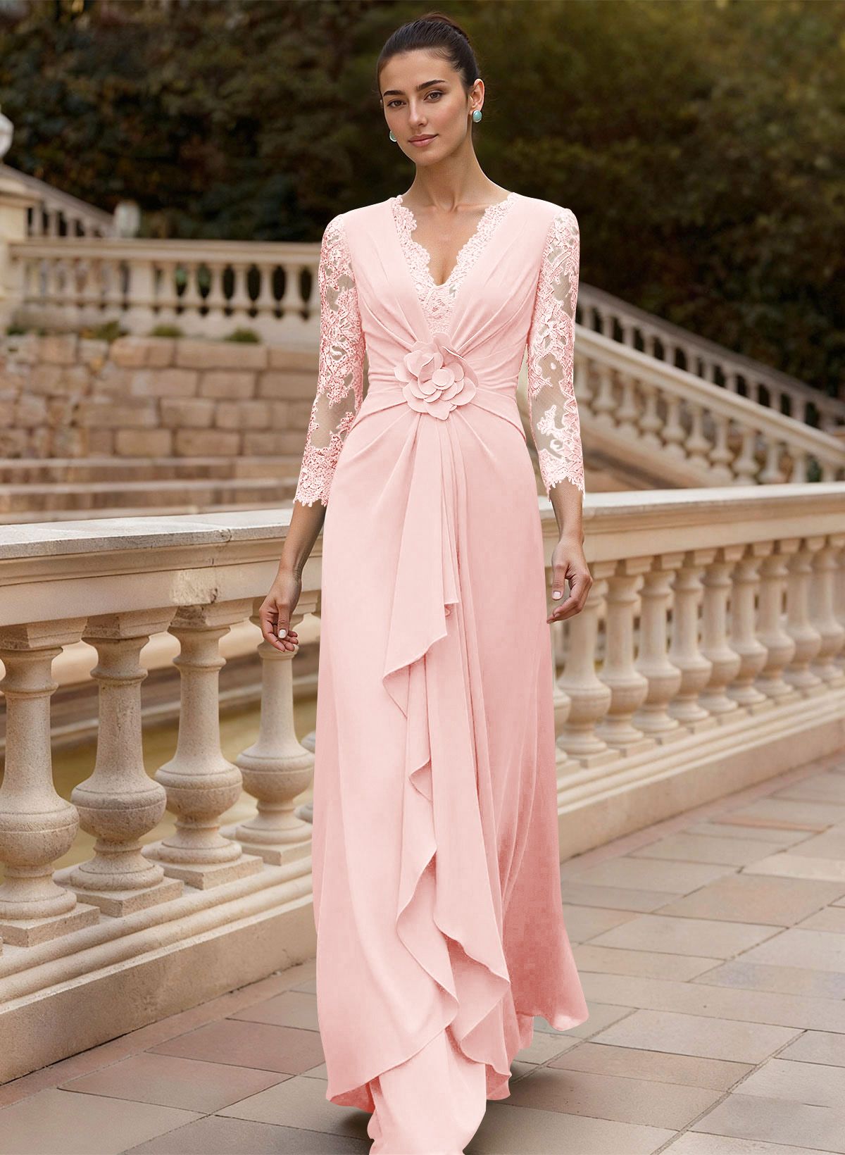 Sheath/Column V-Neck 3/4 Sleeves Floor-Length Lace/Elastic Satin Mother Of The Bride Dresses