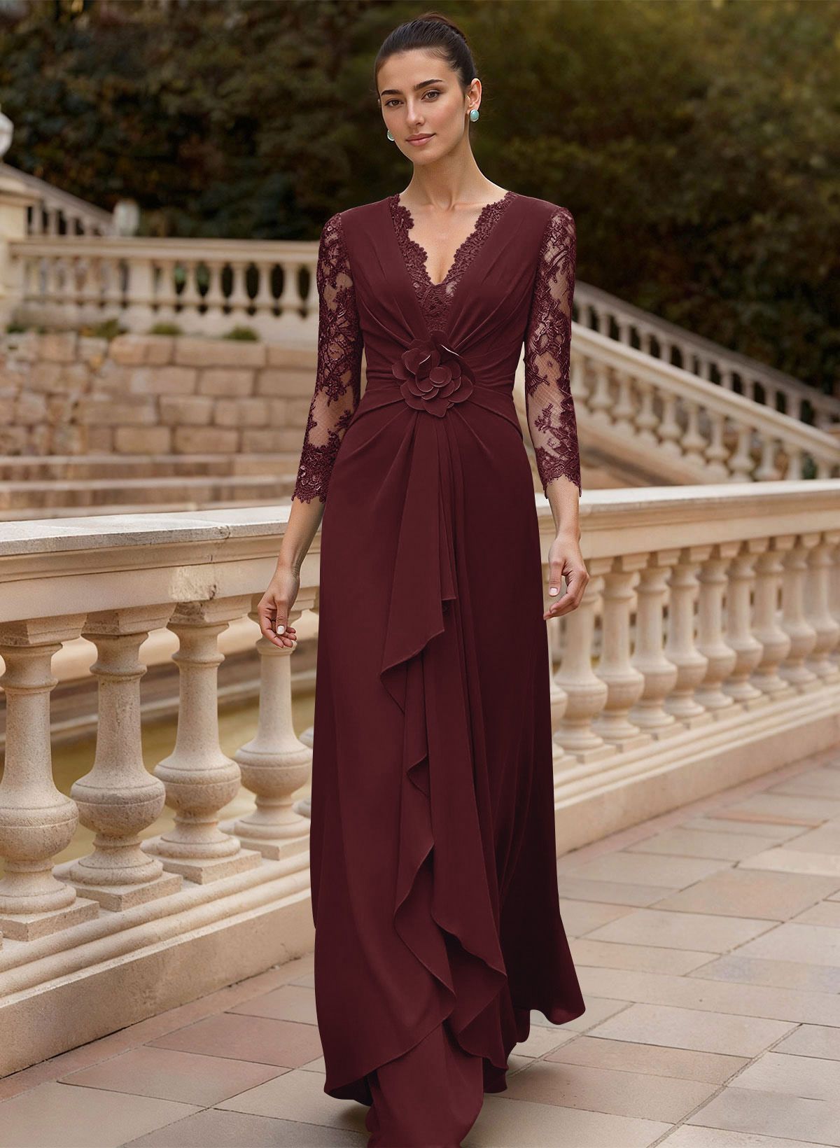 Sheath/Column V-Neck 3/4 Sleeves Floor-Length Lace/Elastic Satin Mother Of The Bride Dresses