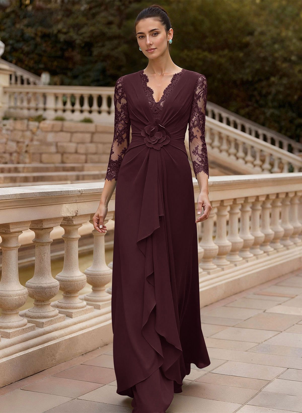 Sheath/Column V-Neck 3/4 Sleeves Floor-Length Lace/Elastic Satin Mother Of The Bride Dresses