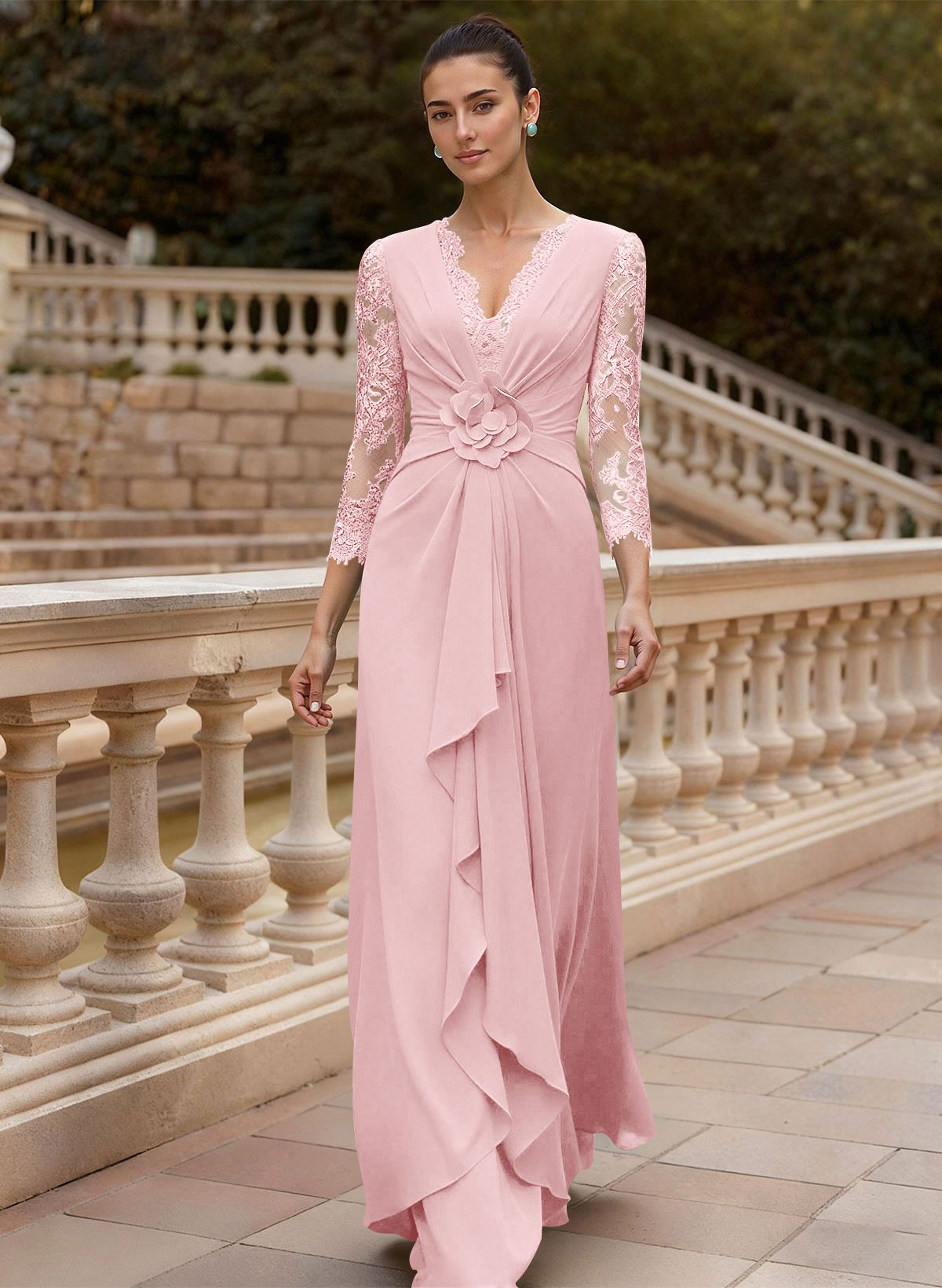 Sheath/Column V-Neck 3/4 Sleeves Floor-Length Lace/Elastic Satin Mother Of The Bride Dresses