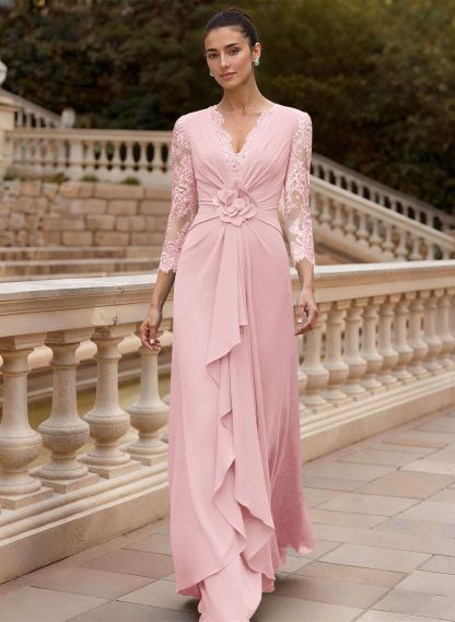 Sheath/Column V-Neck 3/4 Sleeves Floor-Length Lace/Elastic Satin Mother Of The Bride Dresses